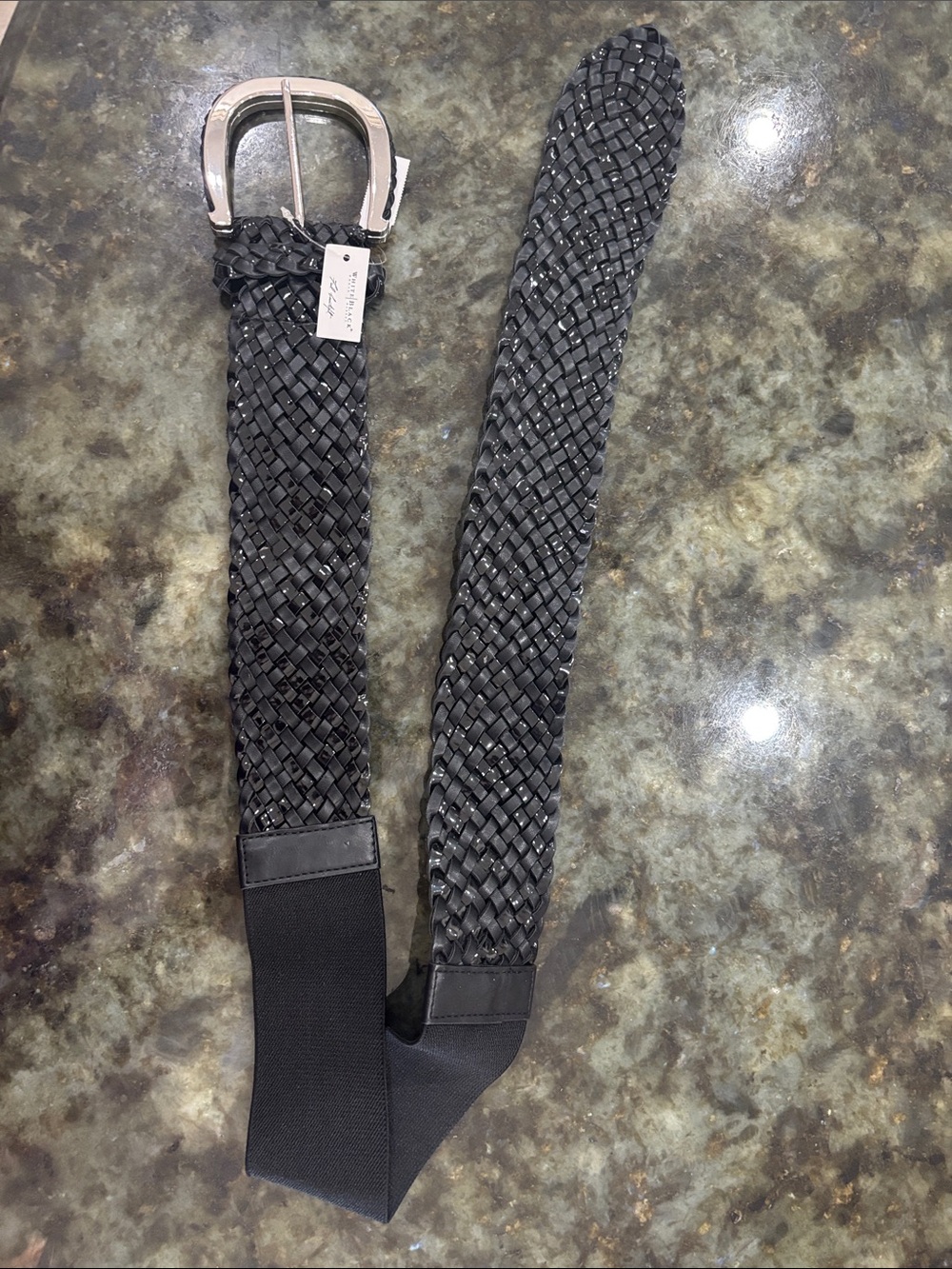 White House Black Market Black Braided Stretch Belt with Silver Buckle